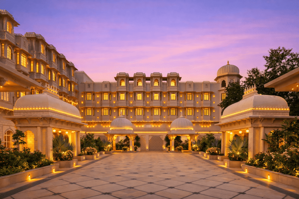 Twilight view of Wyndham Grand Udaipur’s ornate palace courtyard, glowing with warm lights, pastel sky tones, and elegant architectural details, making it one of the best place for pre-wedding shoot.
